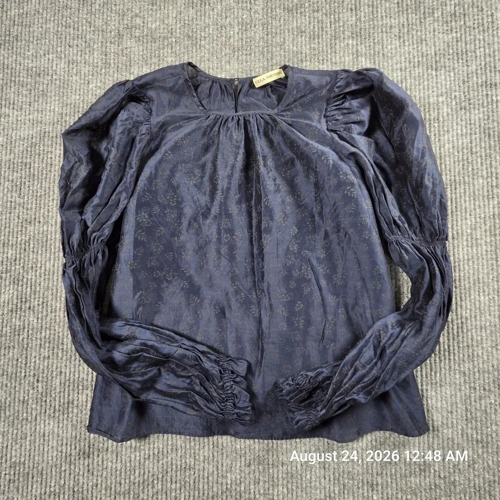 Ulla Johnson Navy Floral Silk Cotton Puff Sleeve Blouse Size 8 Smocked Cuffs